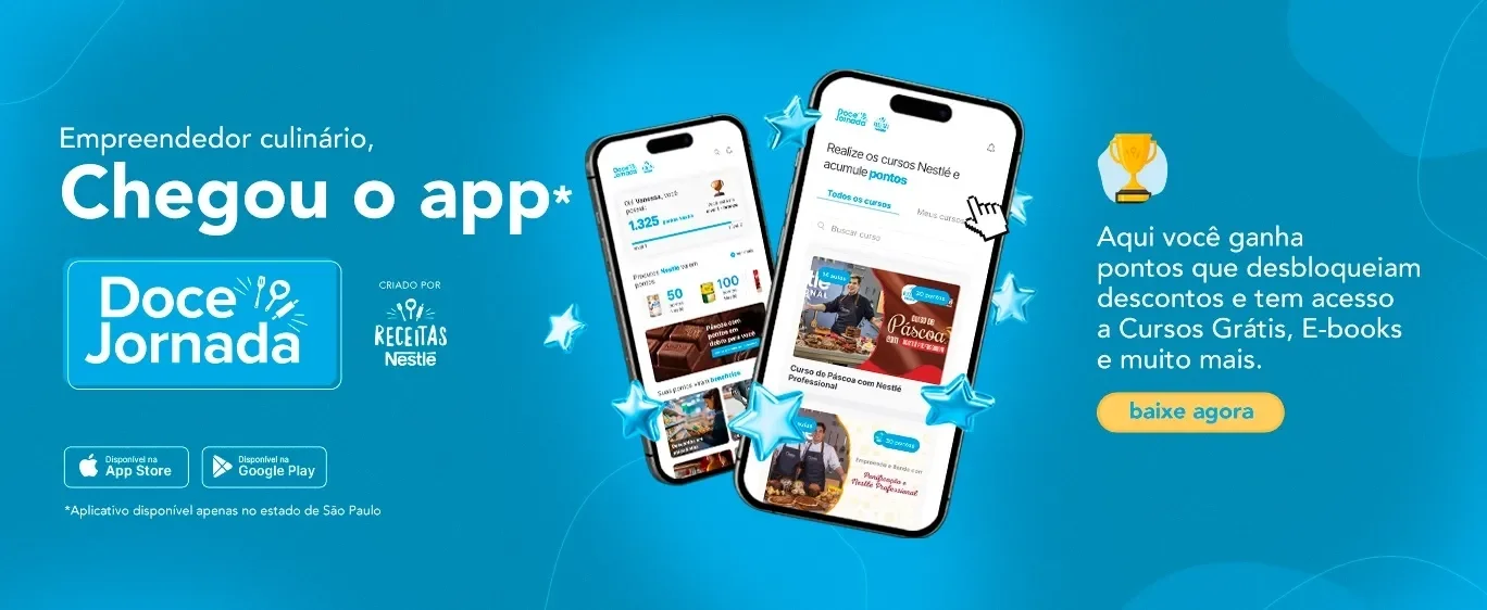 Banner azul com destaque para o app Doce Jornada, celulares exibindo o aplicativo e cursos e botão “baixe agora”.